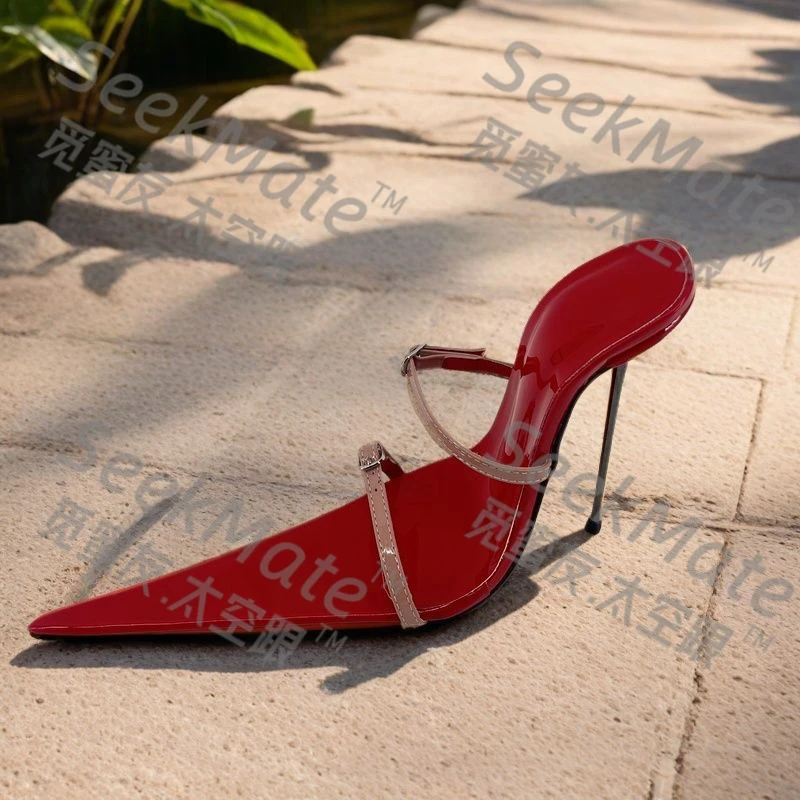 SeekMate Red Ultra Long Pointed Slip on Sandals for Women's Ultra High Heels with Buckle and Stiletto High Heels, Sexy and Unise