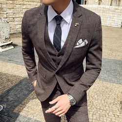 6XL 7XL (Jackets+Vest+Pants) Male Korean Blazers Slim Check British Business Suit Men Three Piece Wedding Bridegroom Man Dress