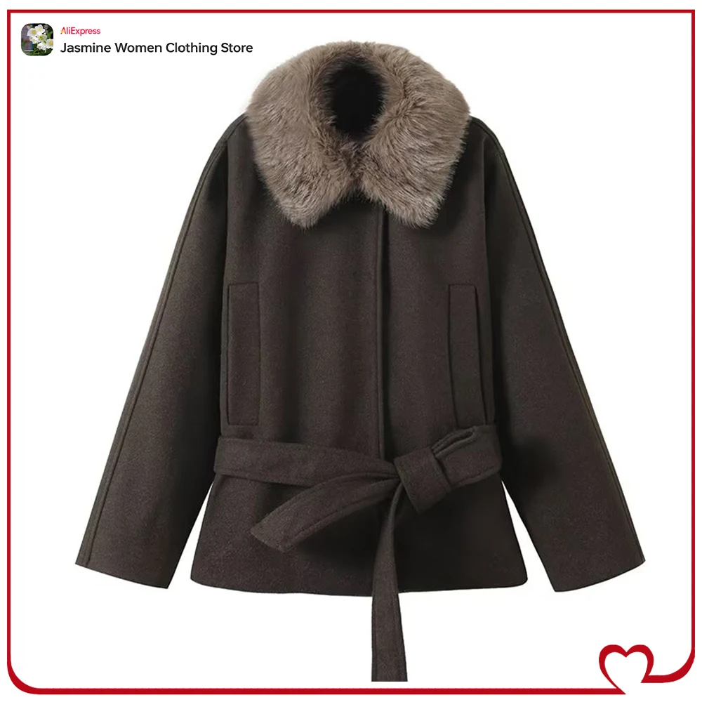 New Stylish Faux Fur Collar Belted Coat for Women Elegant Chic High Neck Outwears with Contrasting Faux Fur Trim and Fabric Belt