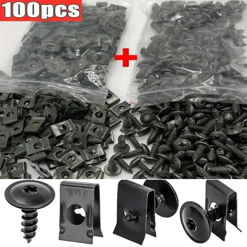 100/50/10pcs U-Type Metal Clips with Screws for Car and Motorcycle Anti-Rust Tapping Fastener Assortment Set amagi