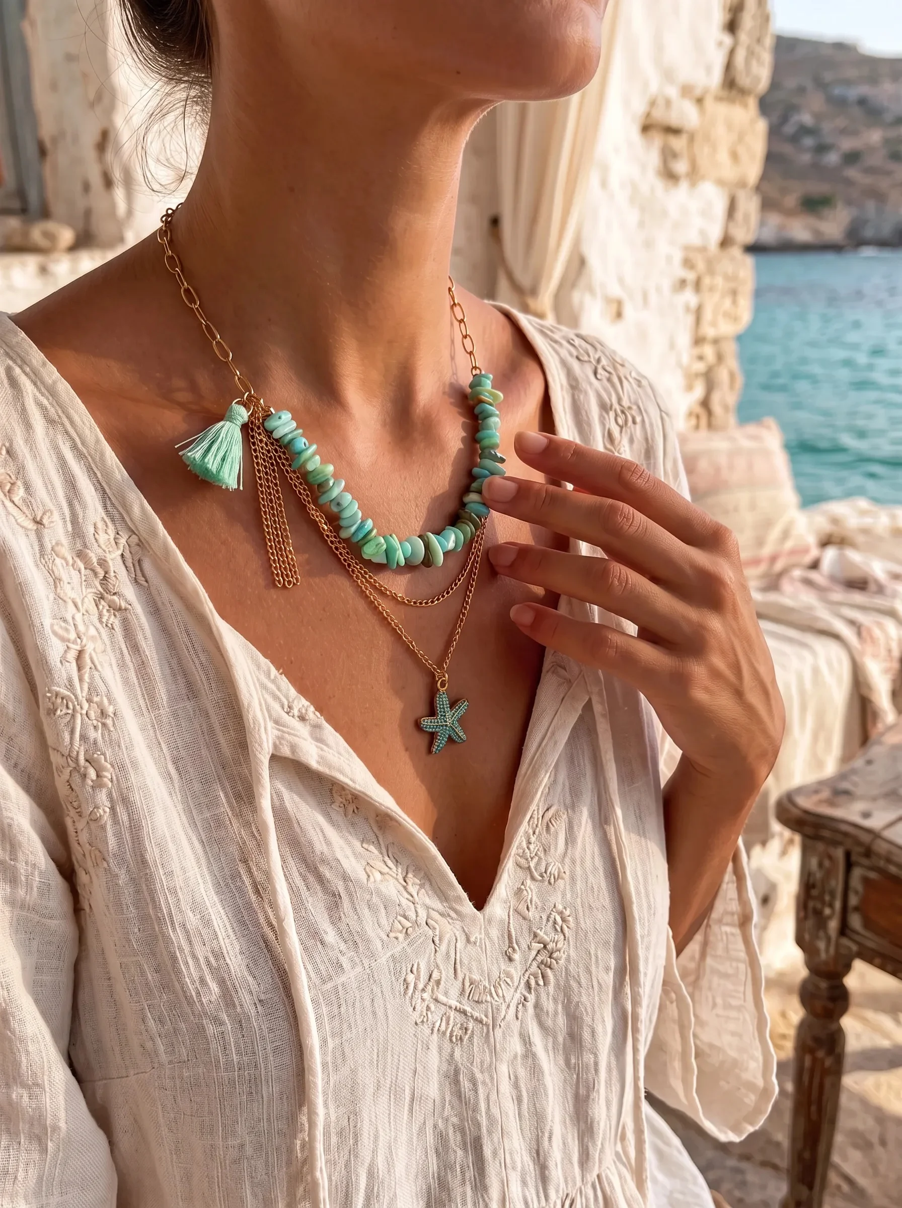 Women's Boho Layered Beaded Necklace Blue Green Chip Beads Starfish Pendant Tassel Drop Gold Tone Chain Summer Beach Statement J