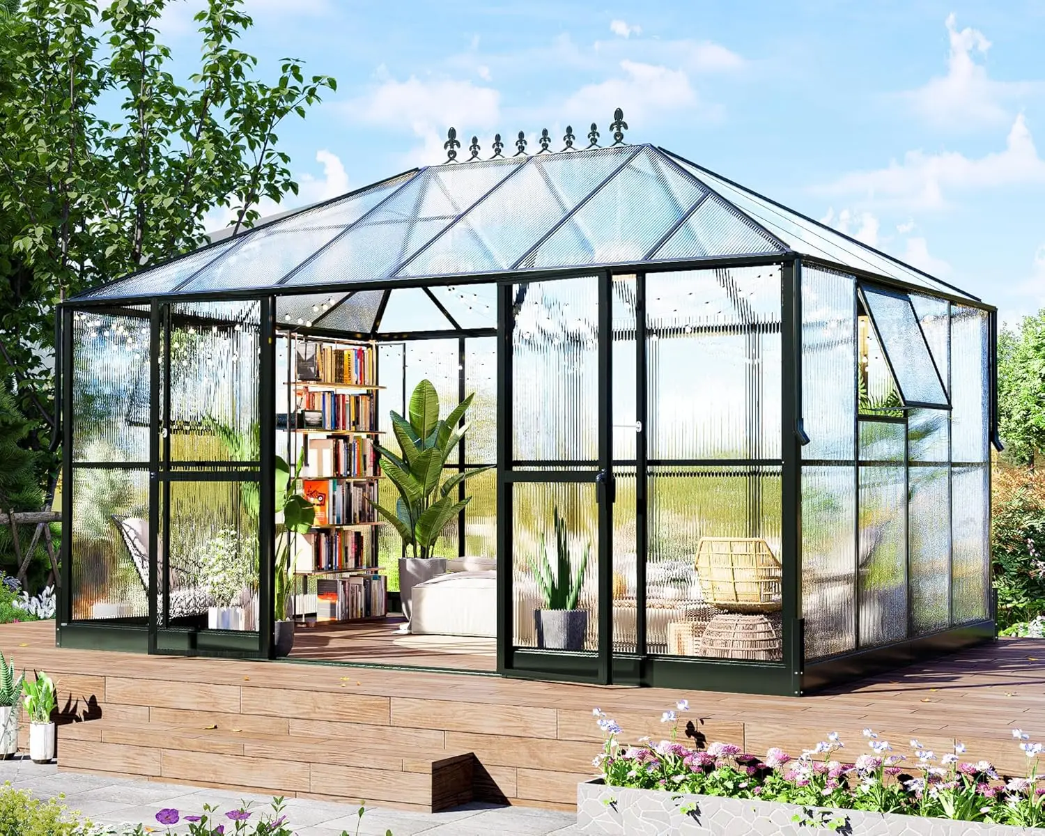 14x9.5x9 FT Polycarbonate Greenhouse with 2 Vents and Double Swing Doors 6FT Added Wall Height, Walk-in Large Winter