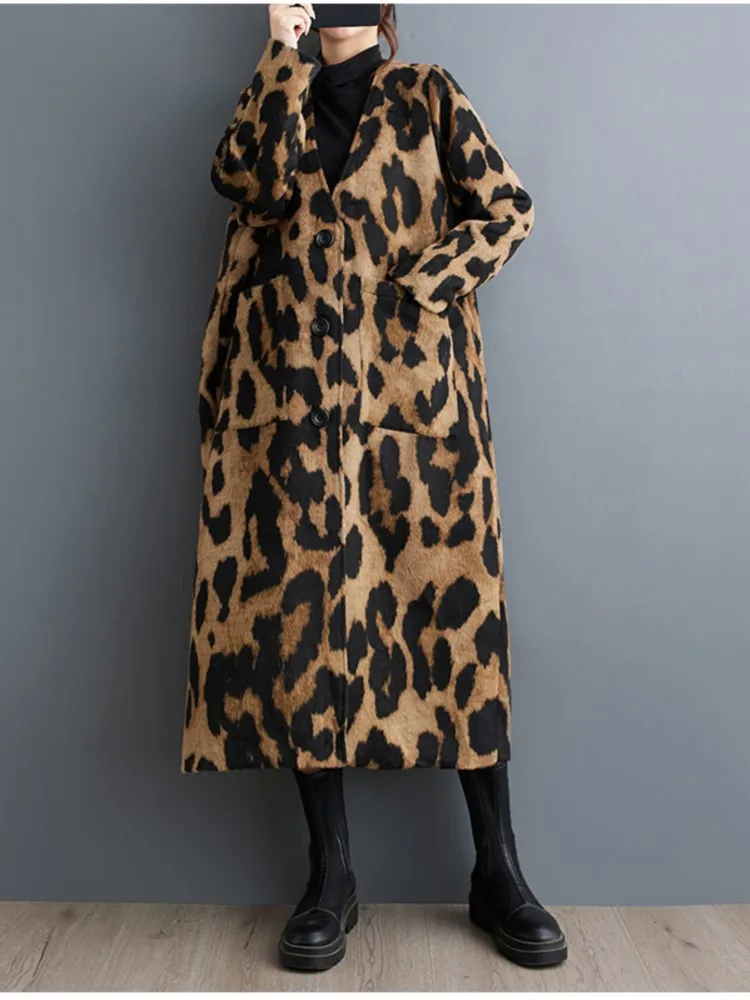 Oversized Autumn Leopard Print V-Neck Trench Coat Women Long Sleeve Modis Ladies Jackets Casual Loose Pleated Woman Trench Coats