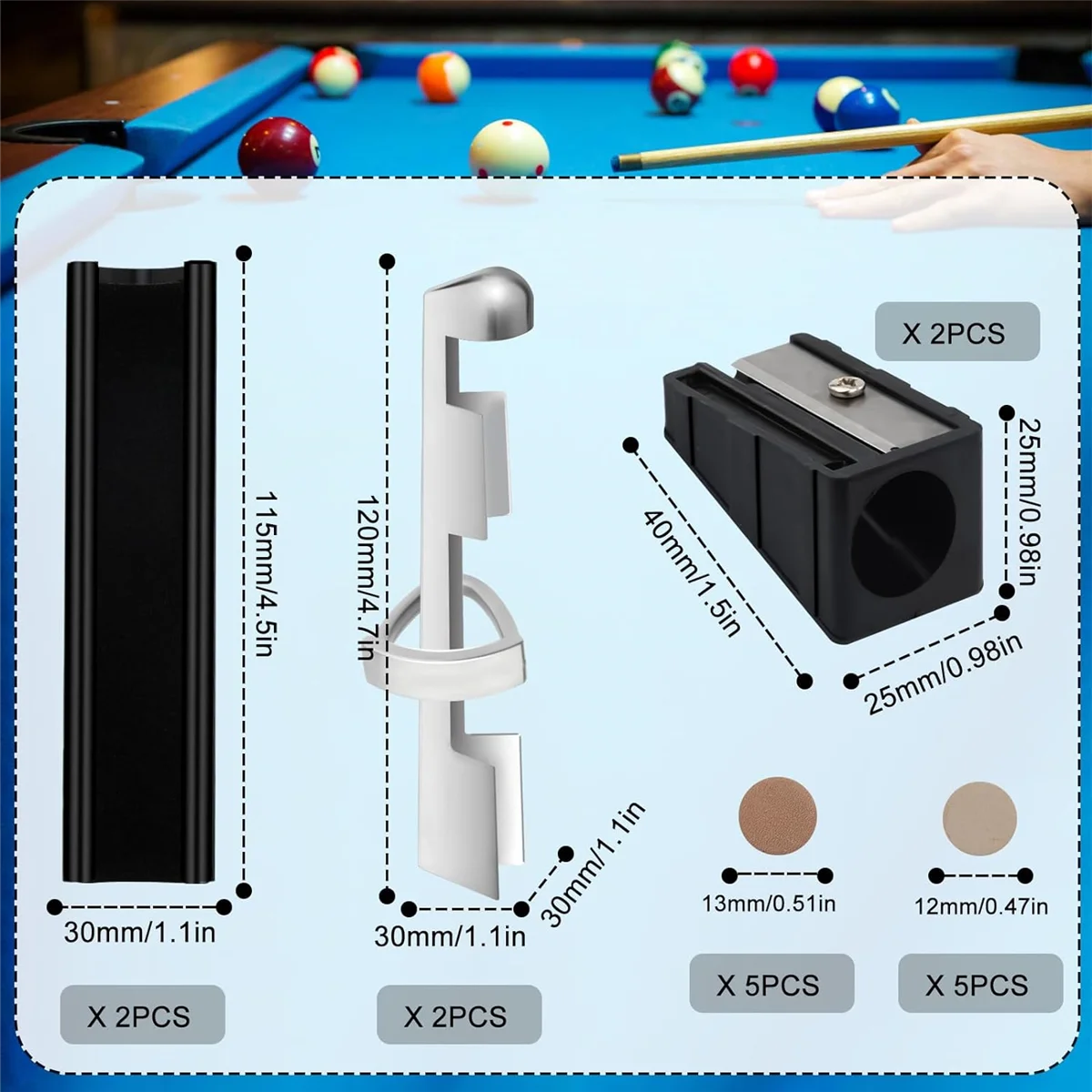 Billiard Cues Repair Kit, 2 Cue Clamps, 10 Cue Tips, 2 Pool Ball Shapers, 2 Cue Tips Trimmers Billiard Cues Repair Part