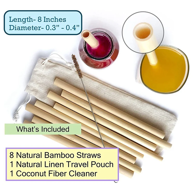 10 Pcs Bamboo Straw Reusable Straw Natural Organic Coffee Milk Tea Juice Straw With Cloth Bag And Cleaning Brush