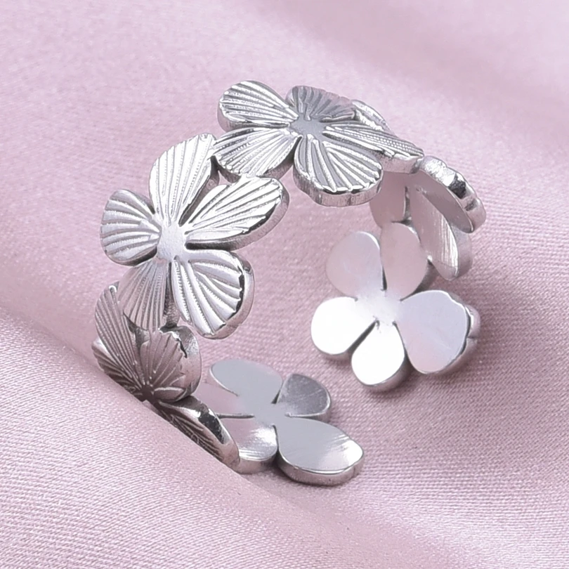 Adjustable Stainless Steel Beads Ball Leaf Ring Set