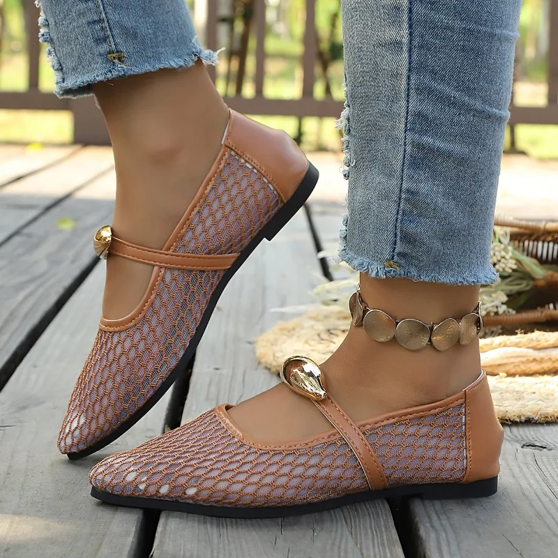 Women's High-Quality Black Mesh Ballet Flats, 2026 Summer Flat Hollowed-Out Mesh Breathable Buckle Shoes, Fishnet Sandals