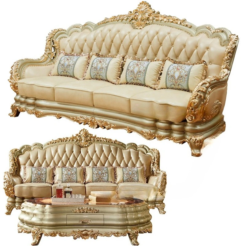 

Solid wood leather sofa living room first floor cowhide villa