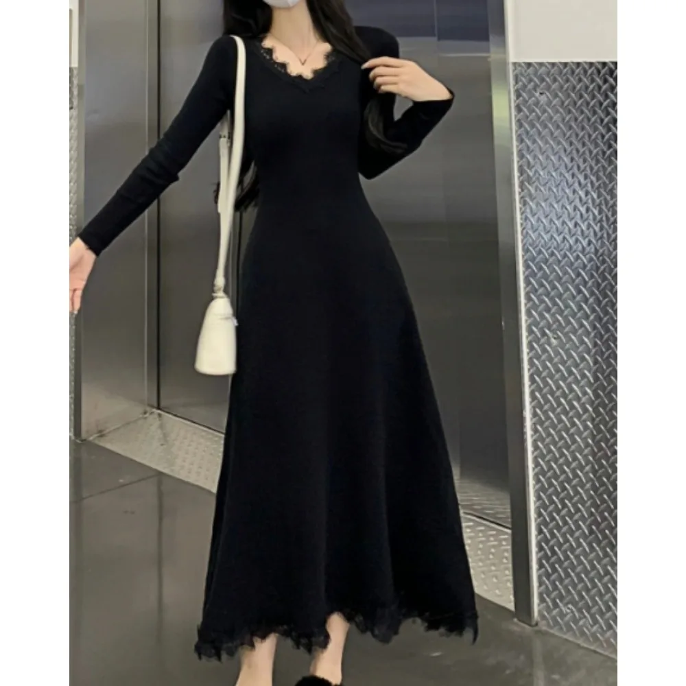 

Повседневные элегантные вязаные осенние платья с длинными рукавами и v-образным вырезом, вечерняя уличная женская одежда больших размеров