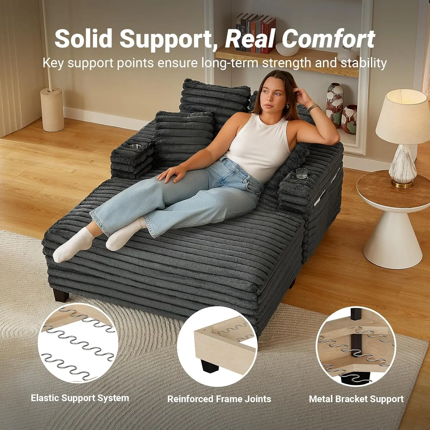 Chaise Lounge de 64 pulgadas para interiores, sillón de gran tamaño con estructura de madera, sofá cama tapizado para sala de estar, sala de películas