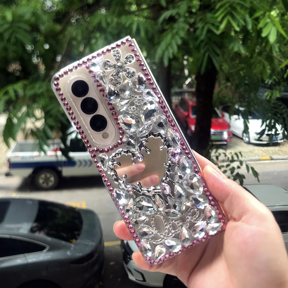 Bling Rhinestone Broken Heart Mirror Phone Case For Samsung Galaxy Z Fold 7 6 5 4 3 Diamond Flowers Water Drop Crystal PC Cover