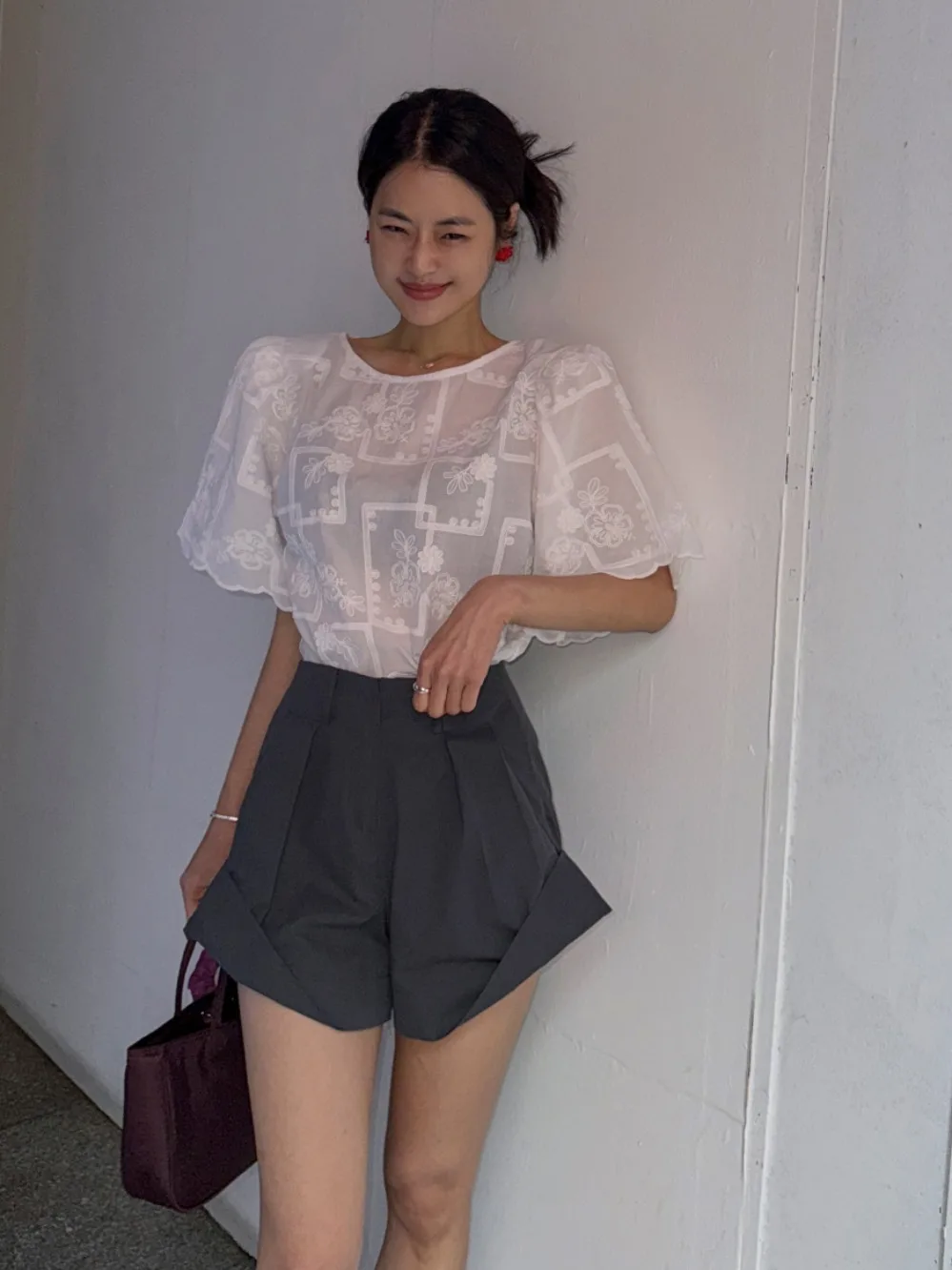 

Retro Ele Embroidered Floral ort Sve irt Women's Summer New Sle Semi-Transparent Versatile Chic Top