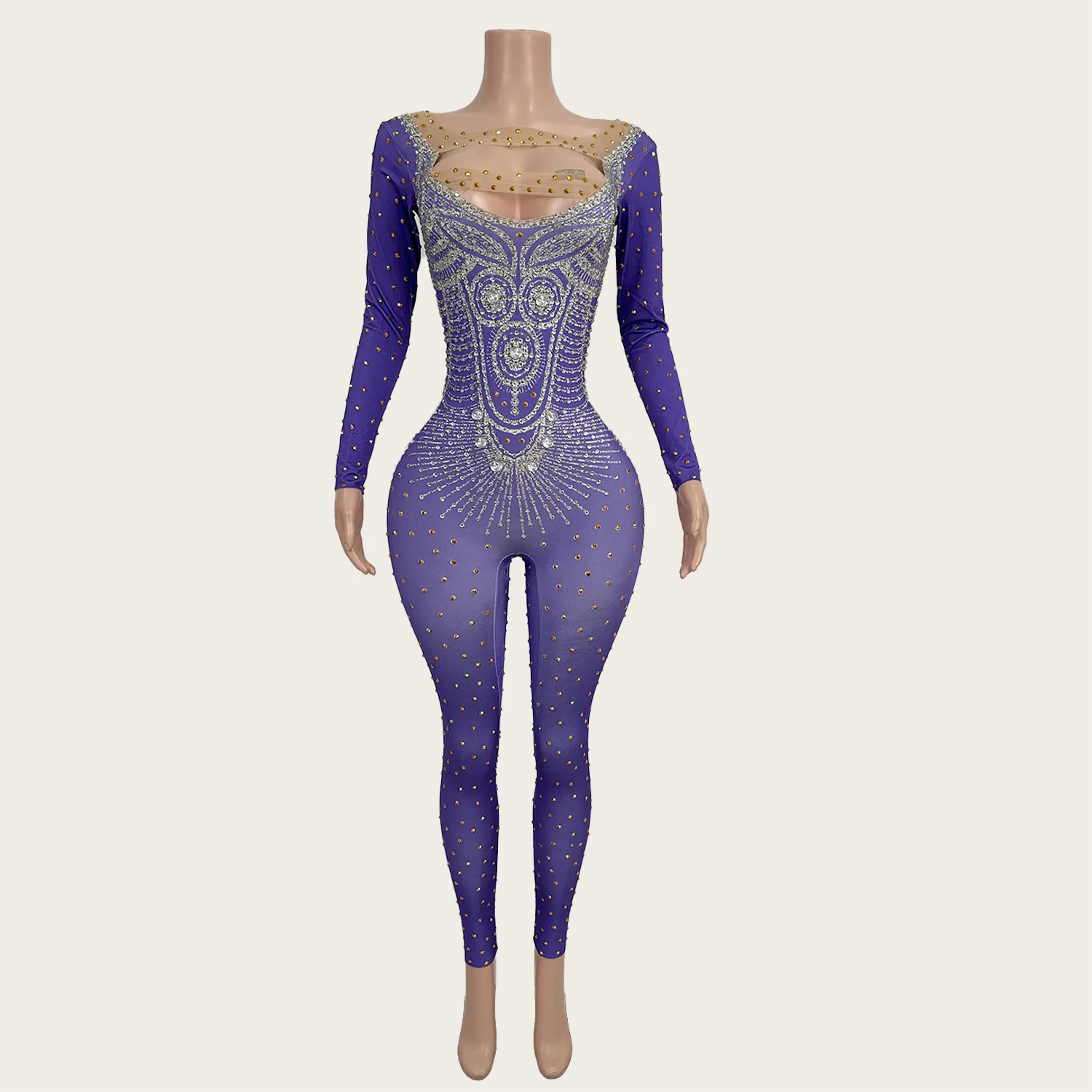 Tuta aderente viola Drag Queen Performer Wear Strass Spandex Elastico Maniche lunghe Tuta Club Party Outfit Zijin
