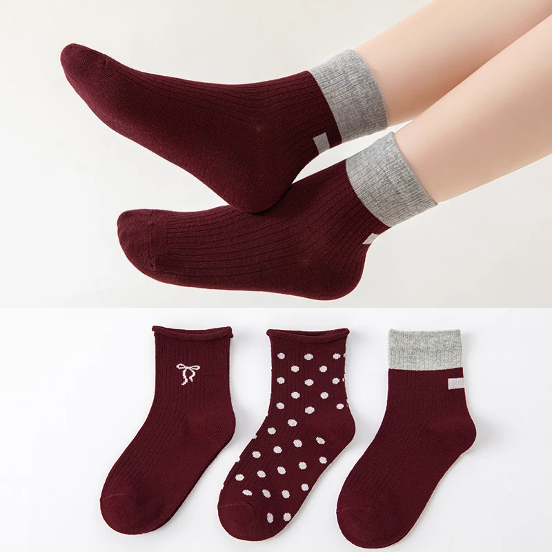 

Girls' Socks Spring and Autumn Children's Medium Socks Four Seasons Girls' Deep Red Polka Point Princess Ladies' Socks 3Pairs