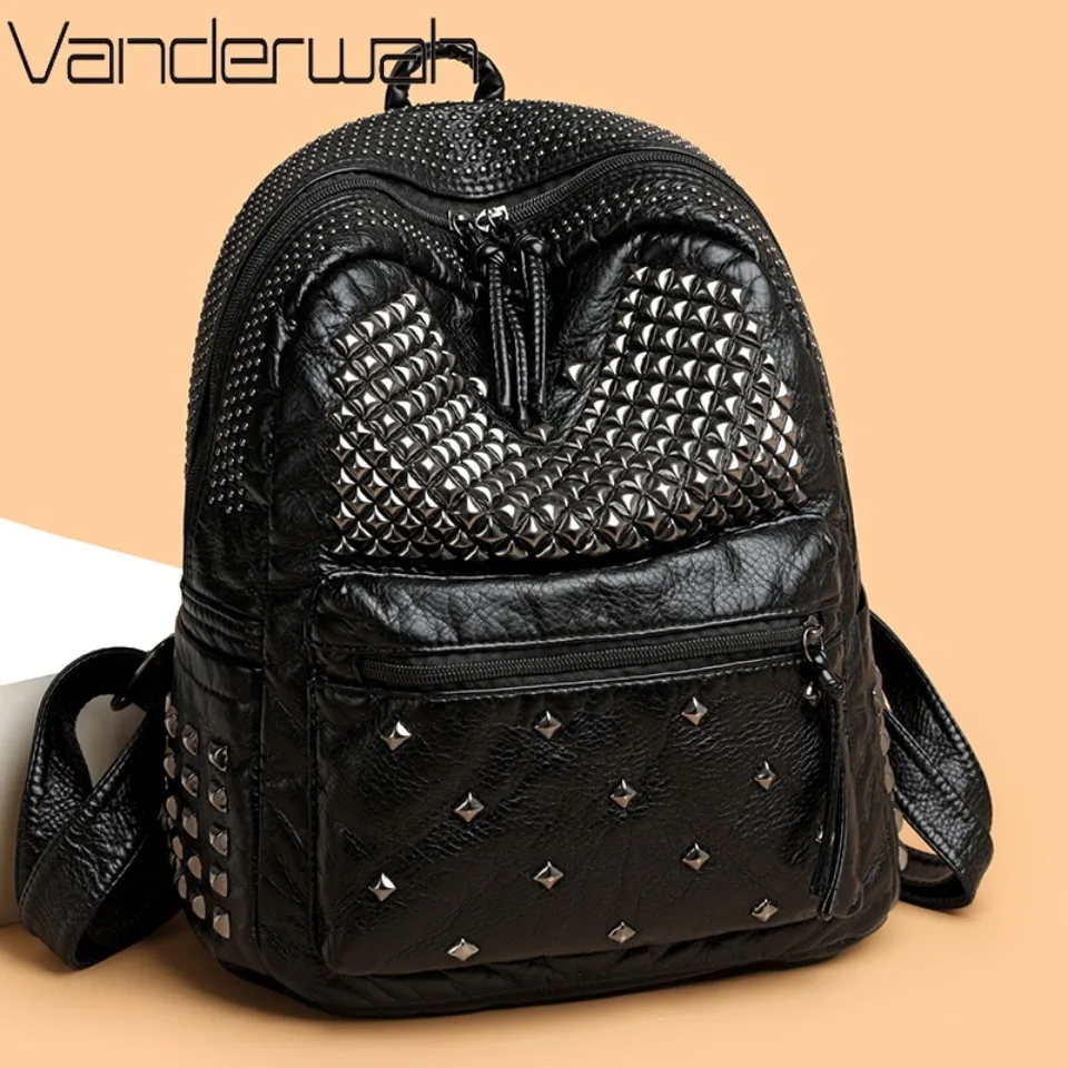 

Fashion Rivet Soft Leather Women Backpacks Designer Large Capacity Girls School Bag Luxury Female Bagpack Travel Bags Sac A Main