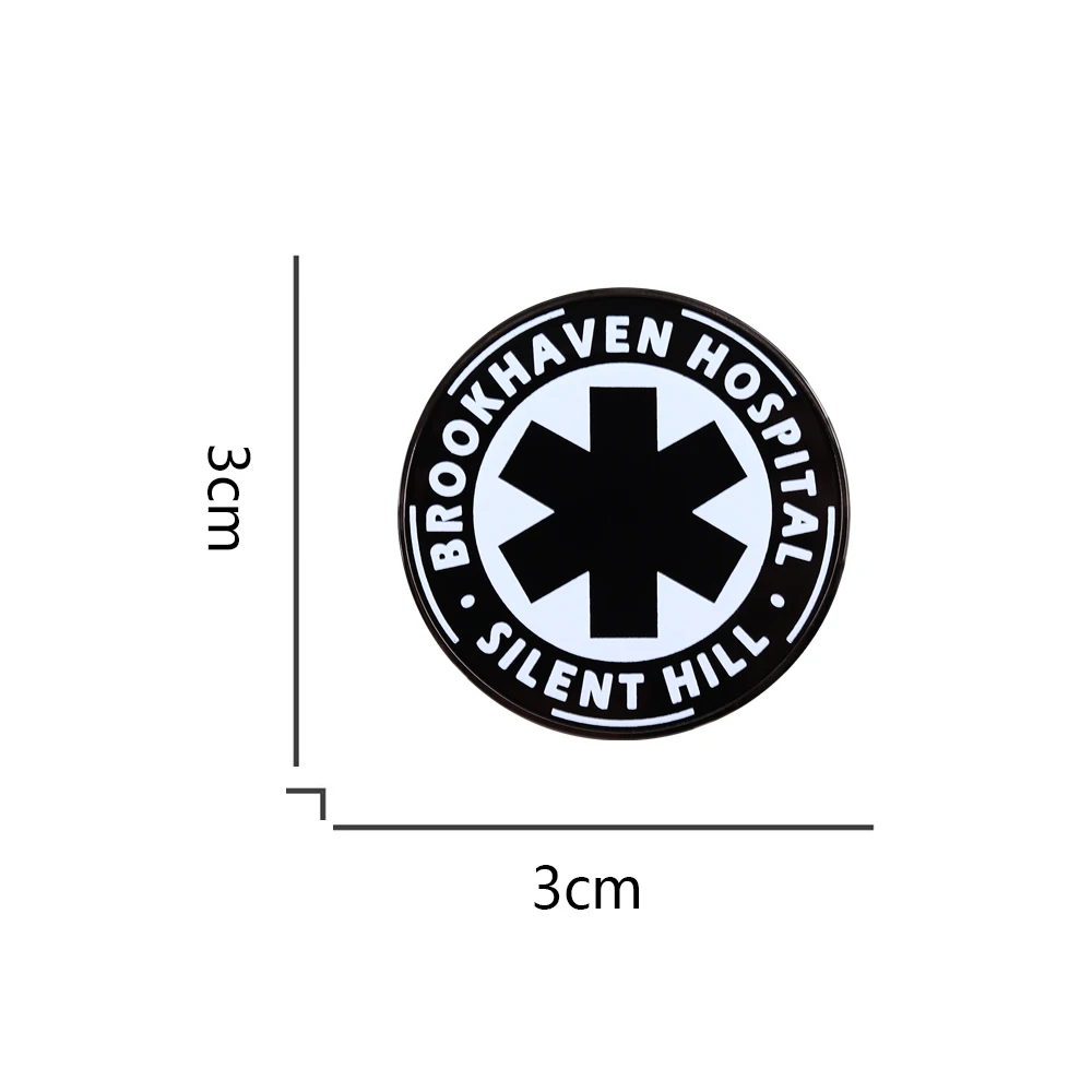 Klassische Brosche mit dem Logo des Brook Haven Hospital, ein Gaming-Accessoire, schwarz-weiß, rund, Anstecknadel, Geschenk für Spiele-Enthusiasten. – Detail 2