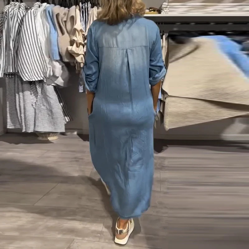 Elegant หลวม A-Line Retro Jean ชุดสํานักงาน Lapel ครึ่งแขน DENIM ชุดผู้หญิงแฟชั่นเดี่ยว Boho ชุดยาว