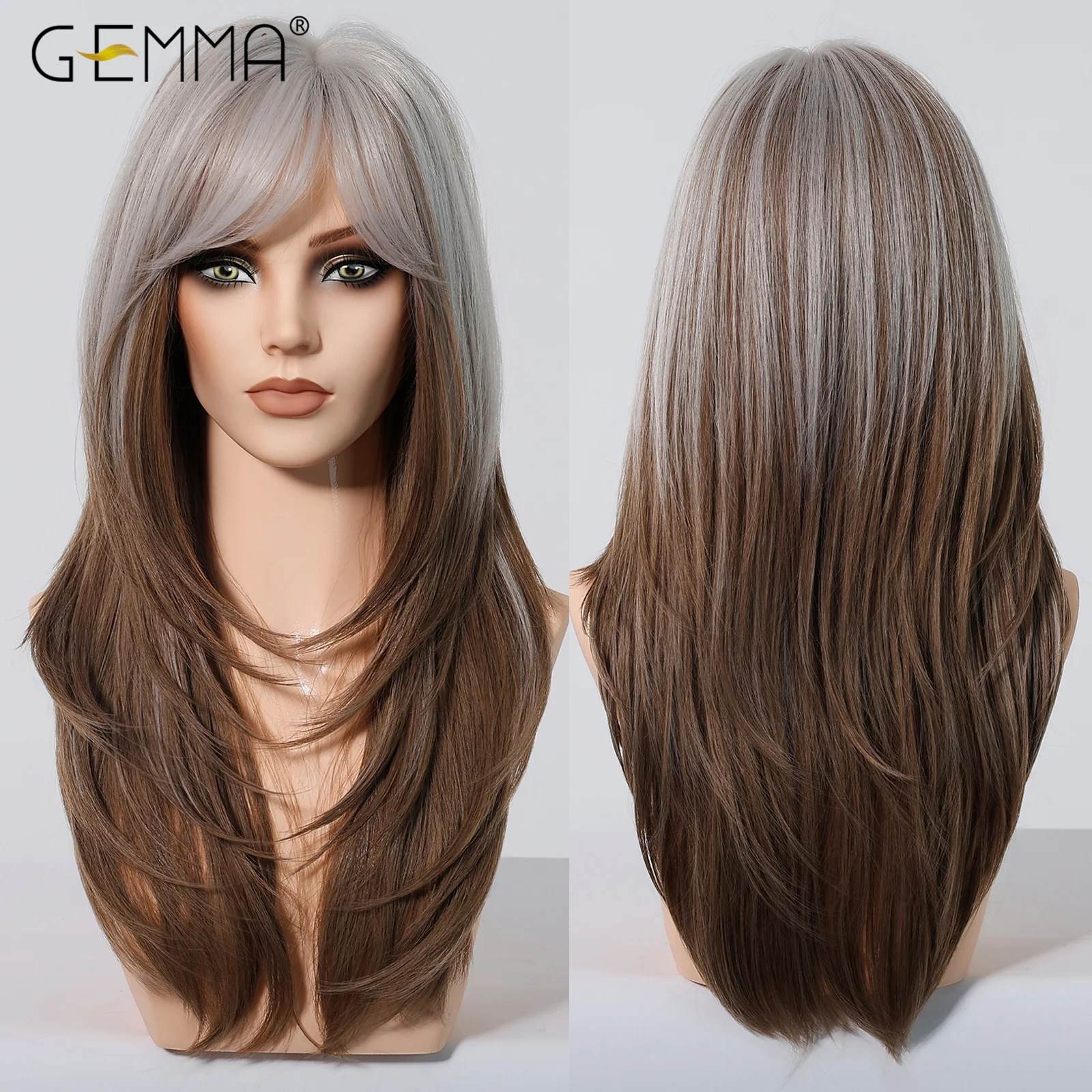 Blonde Brown Layered Wig Synthetic Long Straight Hair Wig with Blonde Bangs for Women Cosplay Party Natural Hair Heat Resistant