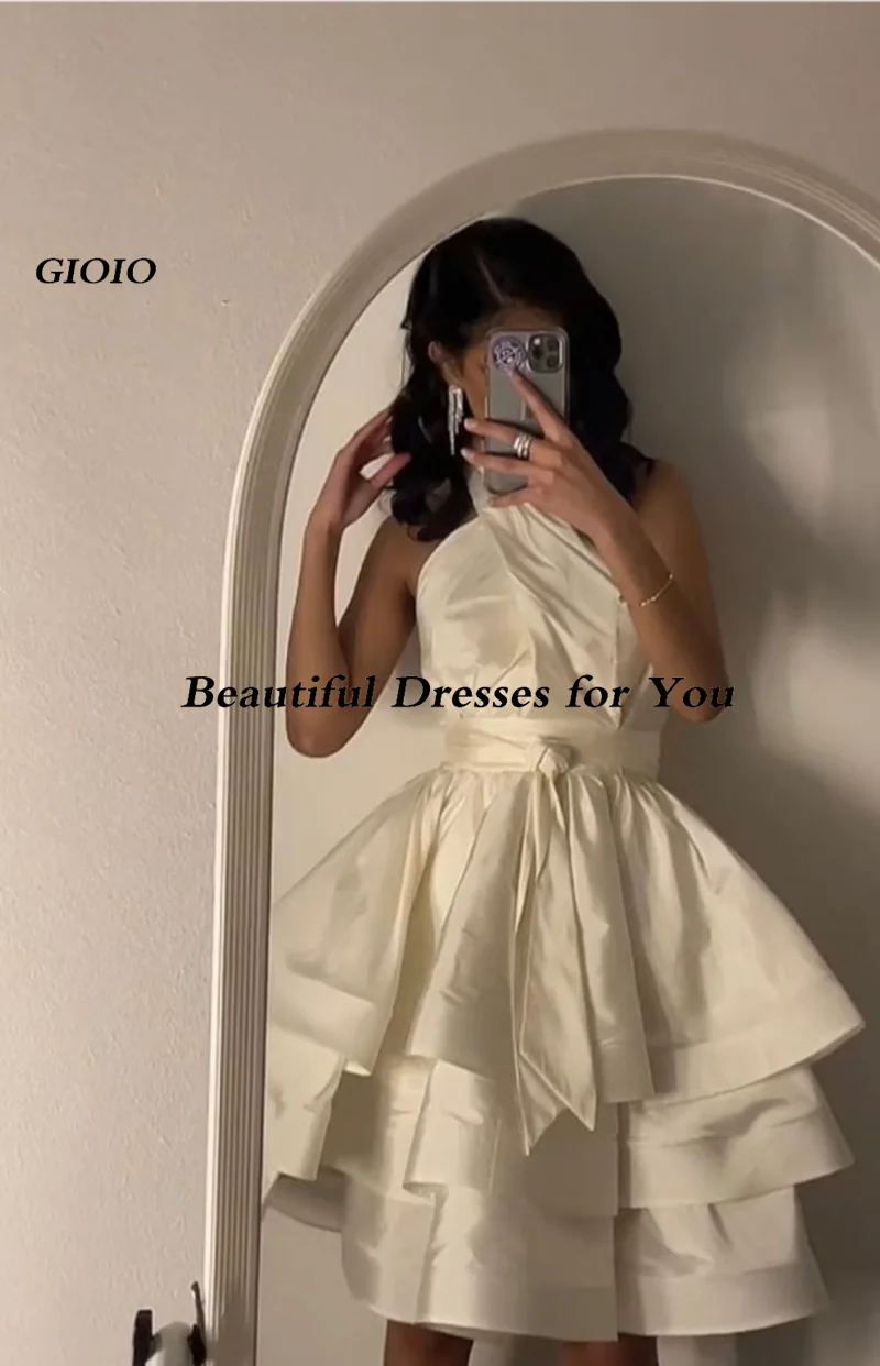 Halter Satin Pleat Vinatge Formal Evening Gowns Sleeveless فساتين سهرة Bow Luxury Tiered Tea Length Prom Dresses Party Women