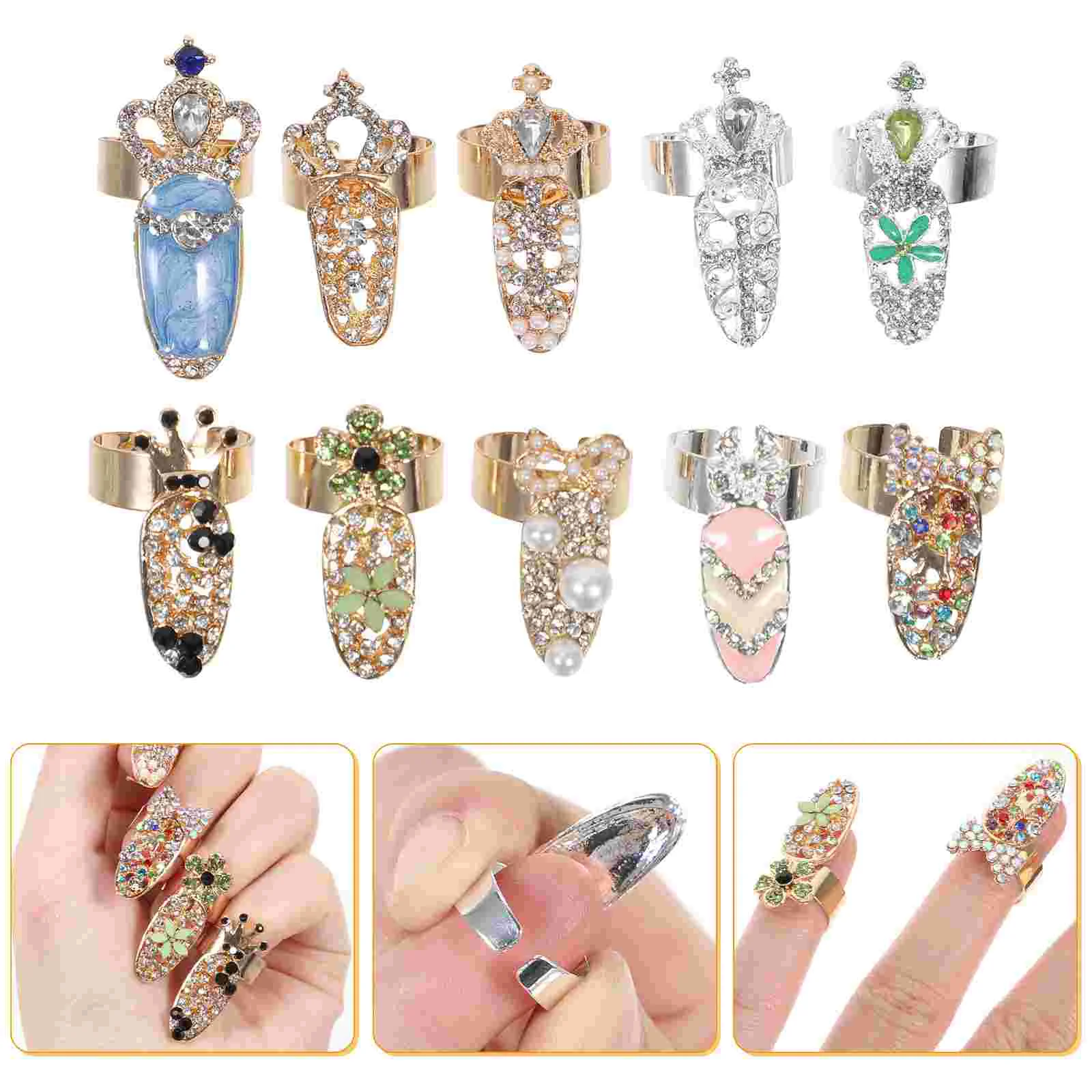 10 Pcs Open Nail Set Charms Bracelet Rings Crystal Kit Women Gifts Finger Knuckle for Hip Hop