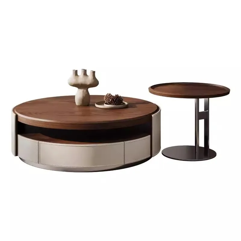 

walnut color round coffee table combination light luxury saddle leather retro style home living room simple side table