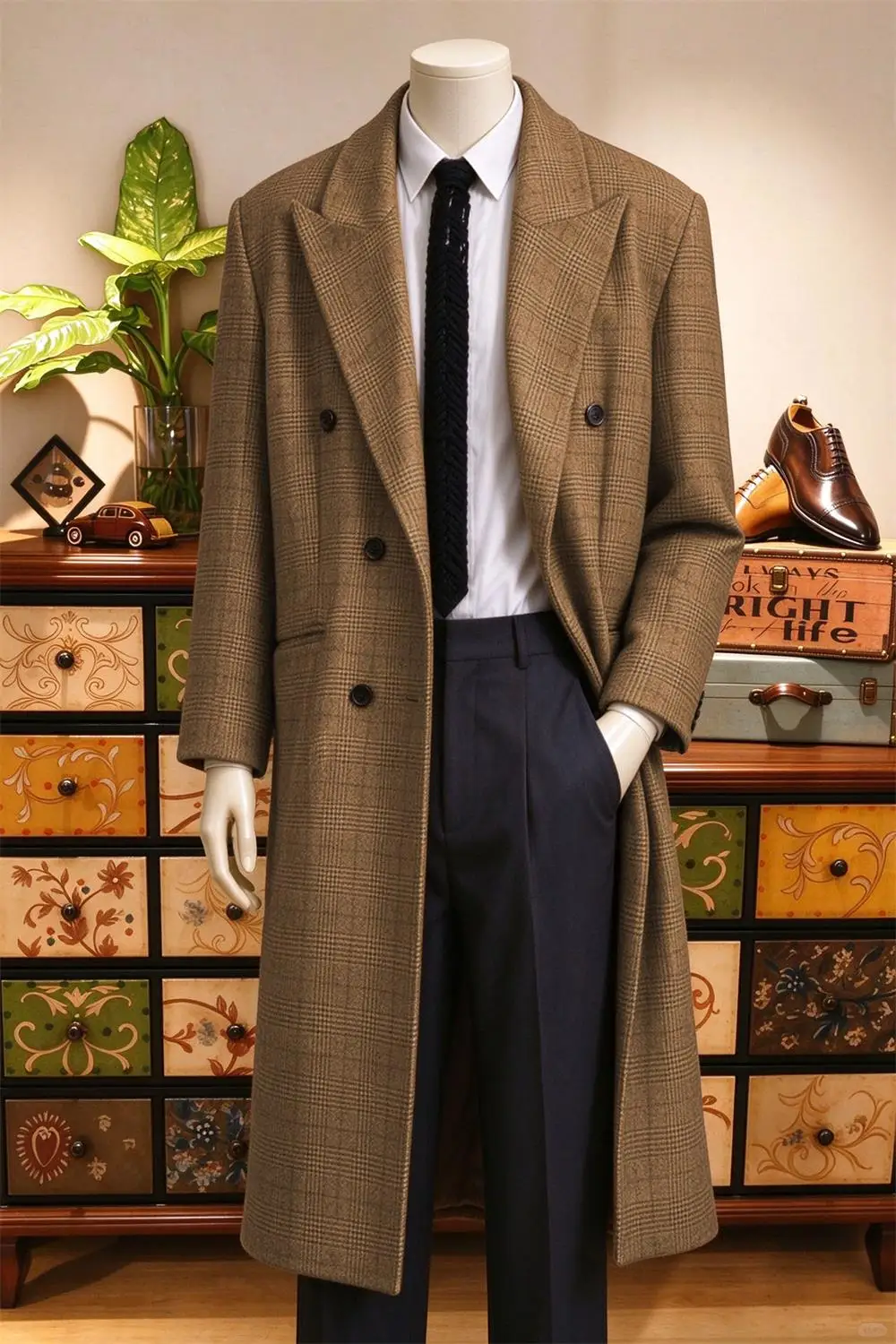 Men's British Retro Plaid Overcoat Double Breasted Windproof Loose Fit Long Trench Coat Old Money Style Street Fashion Versatile