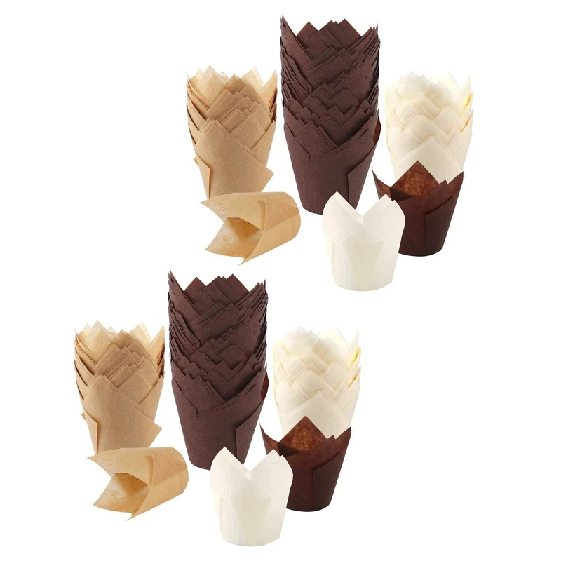 400Pcs Tulip Cupcake Baking Cups, Muffin Baking Liners Holders, Rustic Cupcake Wrapper, Brown, White And Nature Color