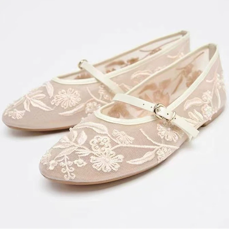 

Mesh Embroidery Ballet Flats Women Breathable Round Toe Beach Sandals Ladies Buckle Soft Sole Comfort Elegant Mary Jane Shoes