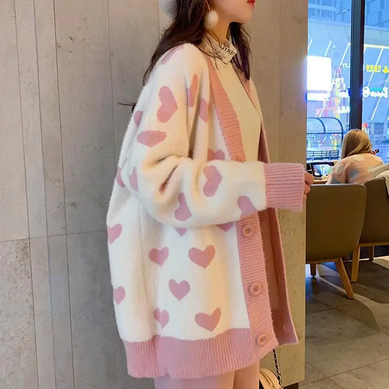 Preppy Style Love Jacquard Trend Knitting Cardigan Women Autumn Winter Sweet Loose Sweater Coat V-neck Long Sleeve Knitwear Tops