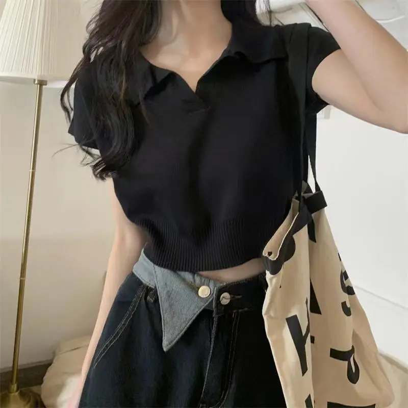 Polo Lapel Sweater Short Sleeve T-shirt for Women in Summer 2025 New Design Niche Short Top Trendy