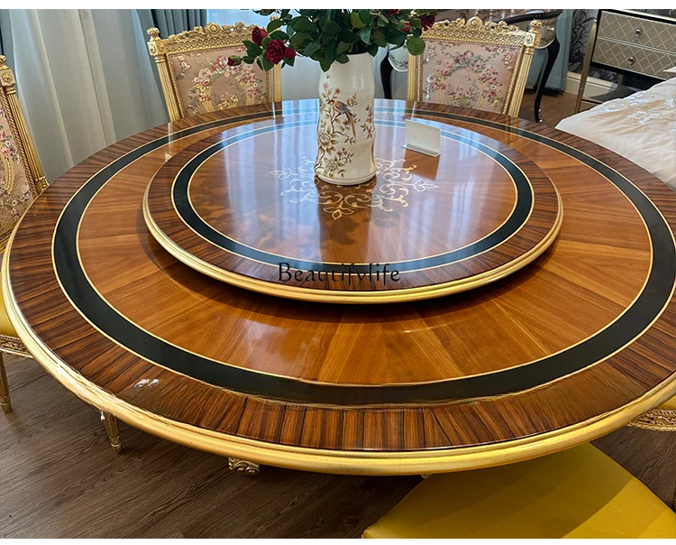 French round art solid wood structure dining table European high-end laser parquet dining table