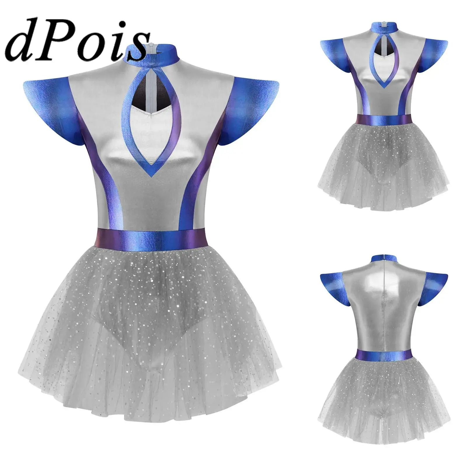 

Womens Alien Cosplay Fancy Dress Astronaut Metallic Shiny Dress for Halloween Carnival Themed Party Costumes Space Uniform