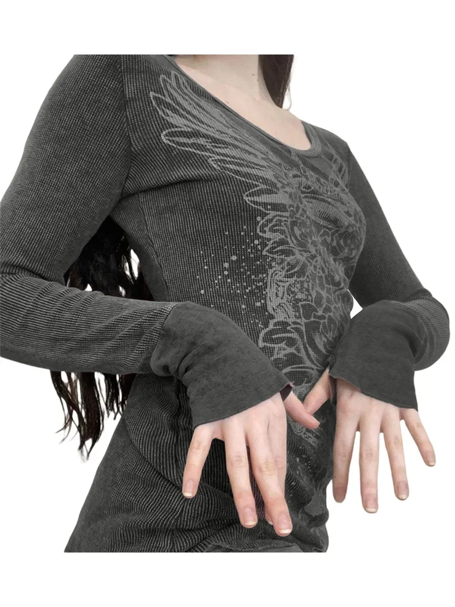 Women Fashion T-shirt Vintage Grey Long Sleeve Crew Neck Flower Print Slim Fit Ladies Tops for Casual Daily 2024 New Streetwear