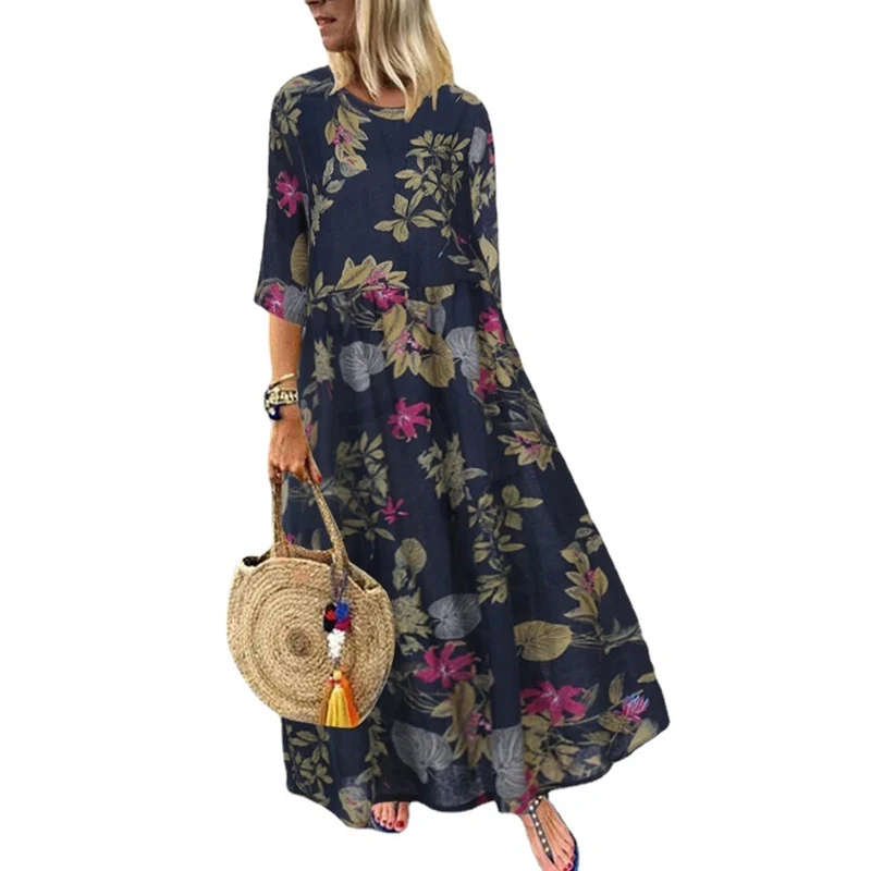 Mode Kurzarm Lose Elegante Gedruckt Maxi Lange Kleid Frauen Casual O Neck A-line Bohi Party Kleider Weibliche Urlaub Kleidung