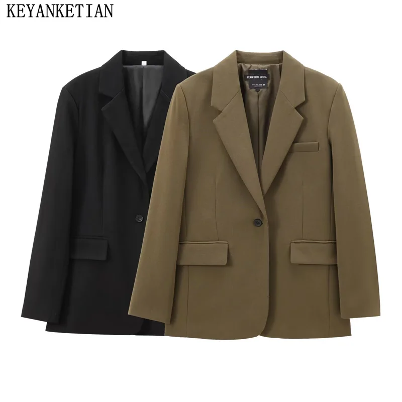 KEYANKETIAN 2024 Autumn New Women's Solid color Suit Simple style Office Lady One-Button Straight Outerwear Flap Pockets Blazer