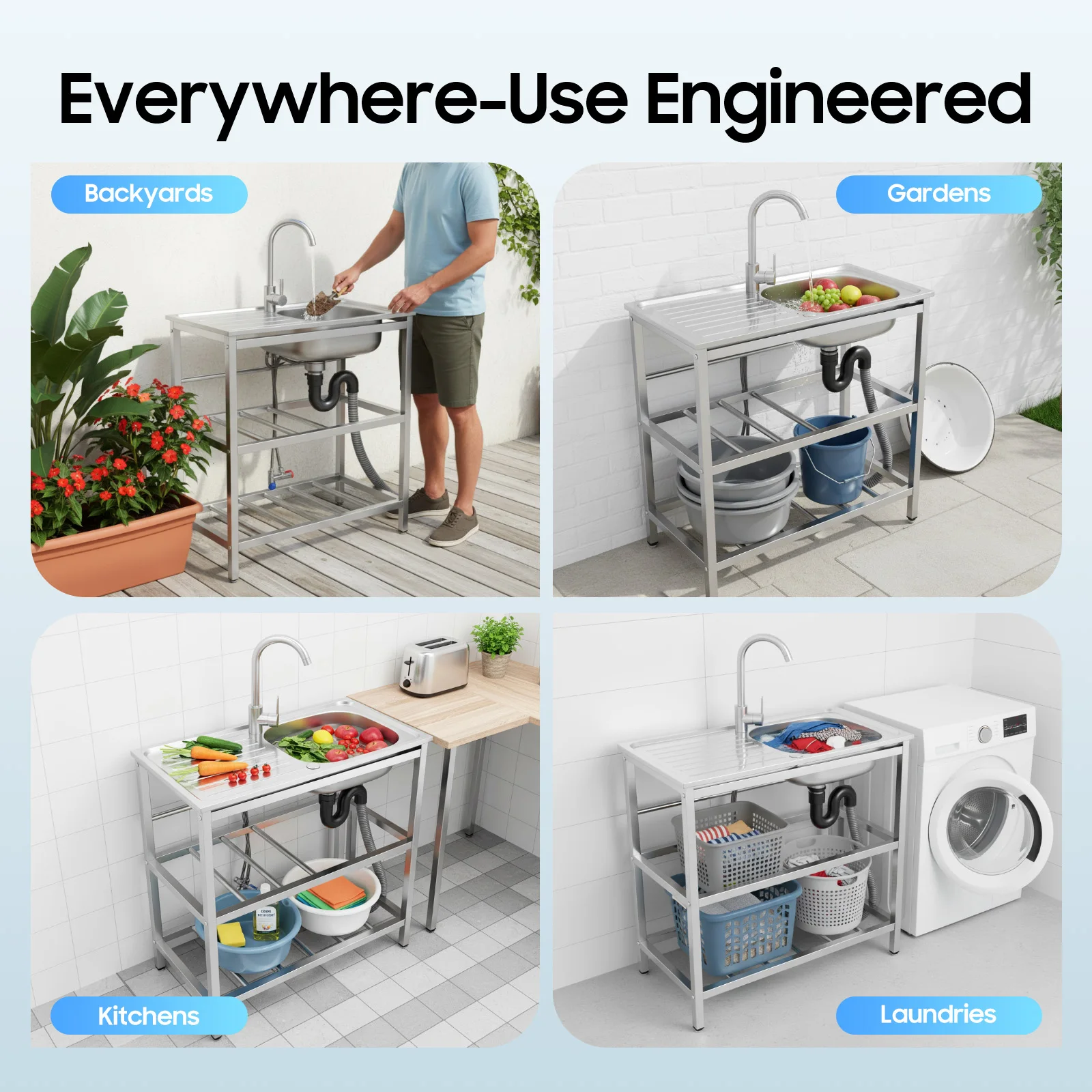 Stainless Steel Sink with Faucet, Freestanding Kitchen Sink for Garden Camping Outdoor, with Storage Rack & Adjustable Feet