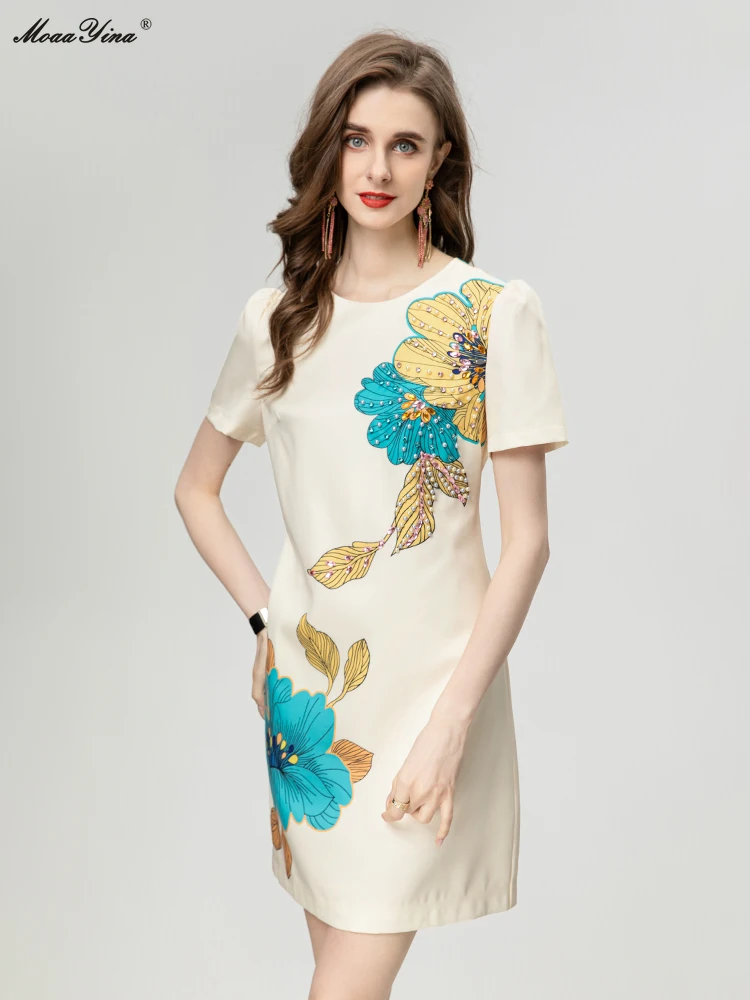 Moretenues Yina-Robe trapèze brodée à fleurs pour femmes, col rond, fusées éclairantes, imprimé floral, créateur de mode, dame de bureau, été