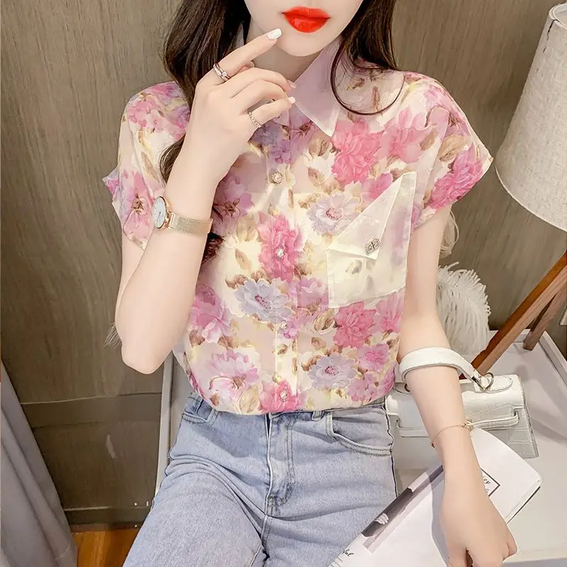 Summer New Floral Chiffon Blouse Short Sleeve Thin Polo Neck All-match Printing Sweet Shirt Tops Fashion Elegant Women Clothing