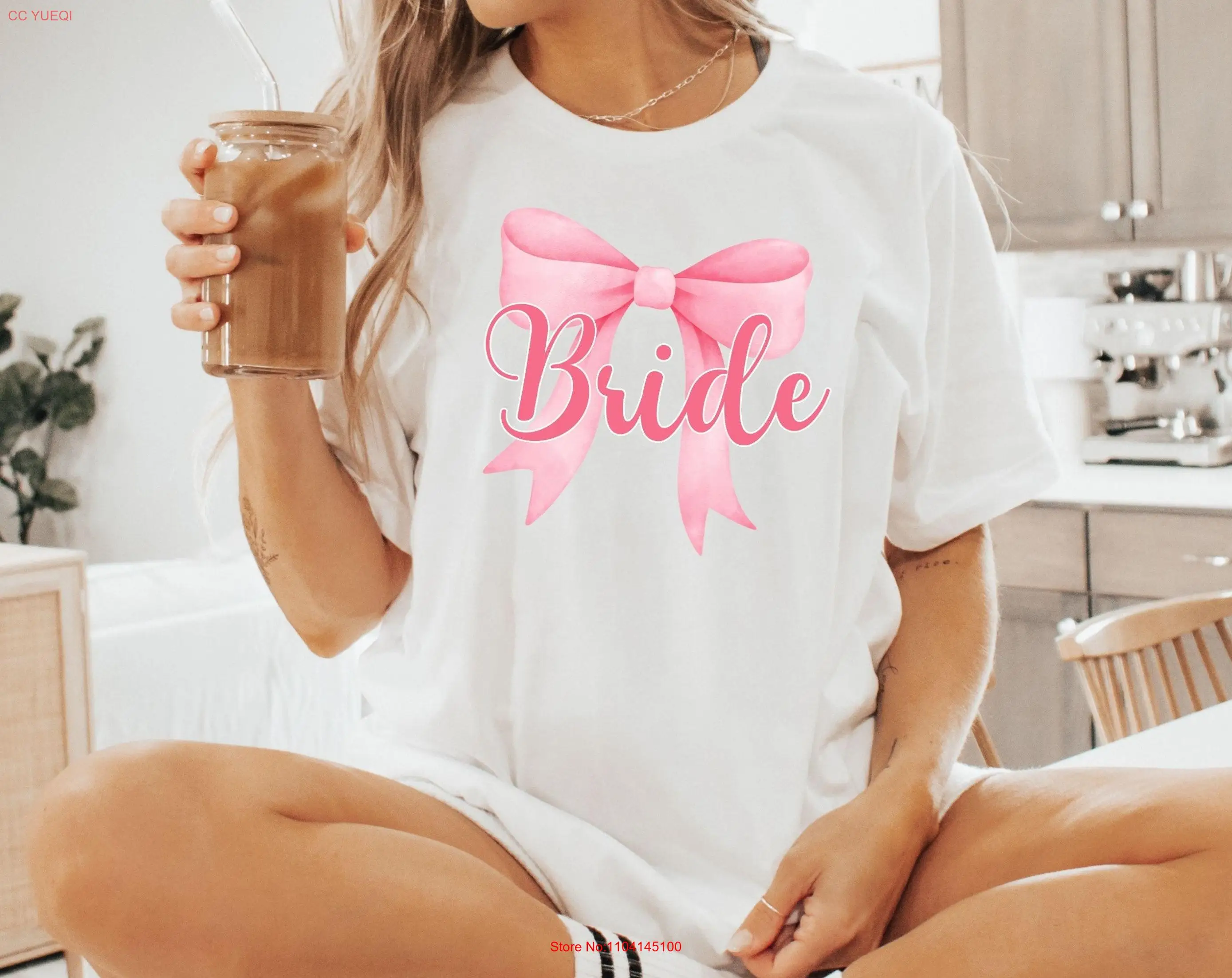 Coquette Bride T Shirt Pink Bow for Bridal Wedding Honeymoon Crewneck Bachelorette Party long or short sleeves