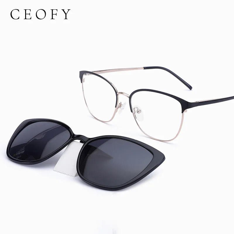 Ceofy Women Metal Glasses Frame Stylish Brand Design Prescription 2 In 1 Sun Clip On Polarized High QualityEyeglasses Frame