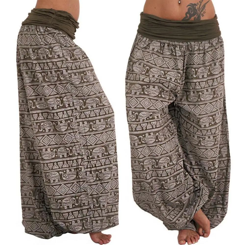 

Women Loose Trousers Pants Boho Elephant Print Yoga Low Waist Long Baggy Bloomer Trousers