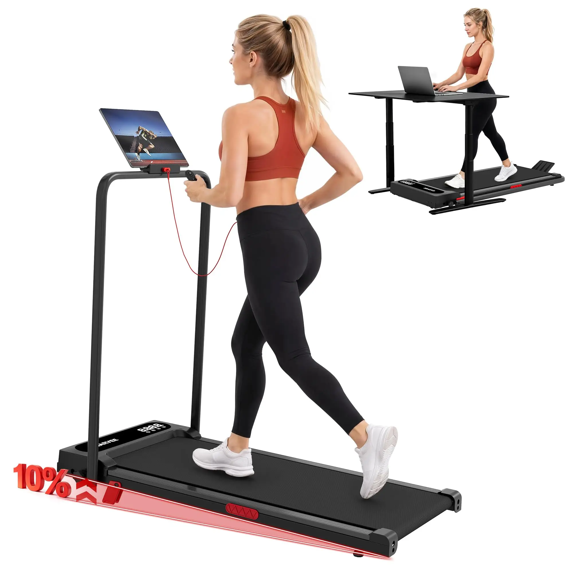 3.0HP Under Desk Walking Pad Treadmill for Home/Office, Portable Folding Compact Electric Treadmill with Smart App, Walking Jogging Running Machine with Safety Handlebar - Black/Pink