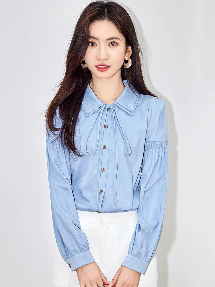 French Style Temperament Blue Long Sleeved Shirt Women Design Sense Niche Retro Blouses Chic Tops