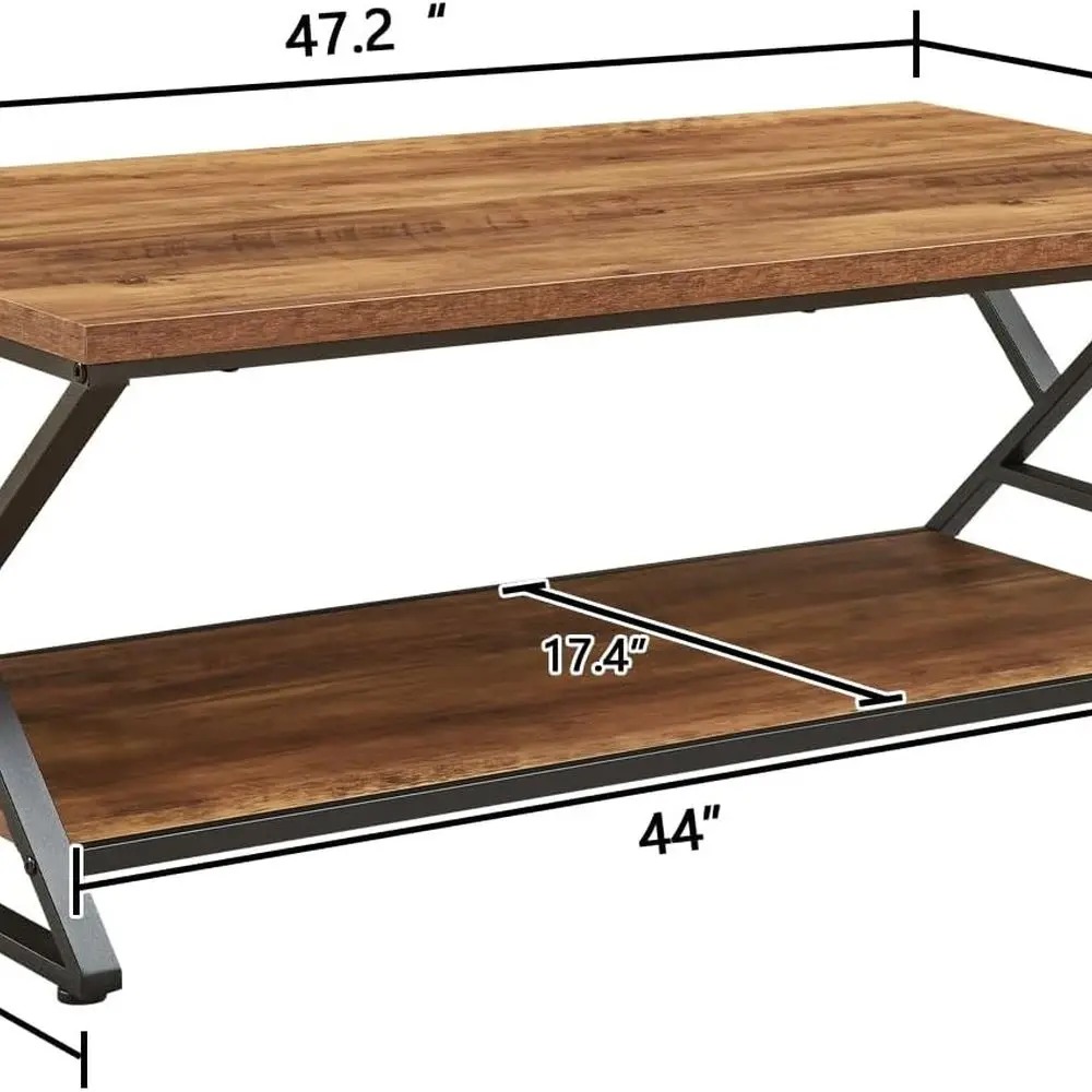 Rustic Rectangular Coffee Table with 2-Tier Storage, 47 Oak Brown, Minimalist Living Room Centerpiece