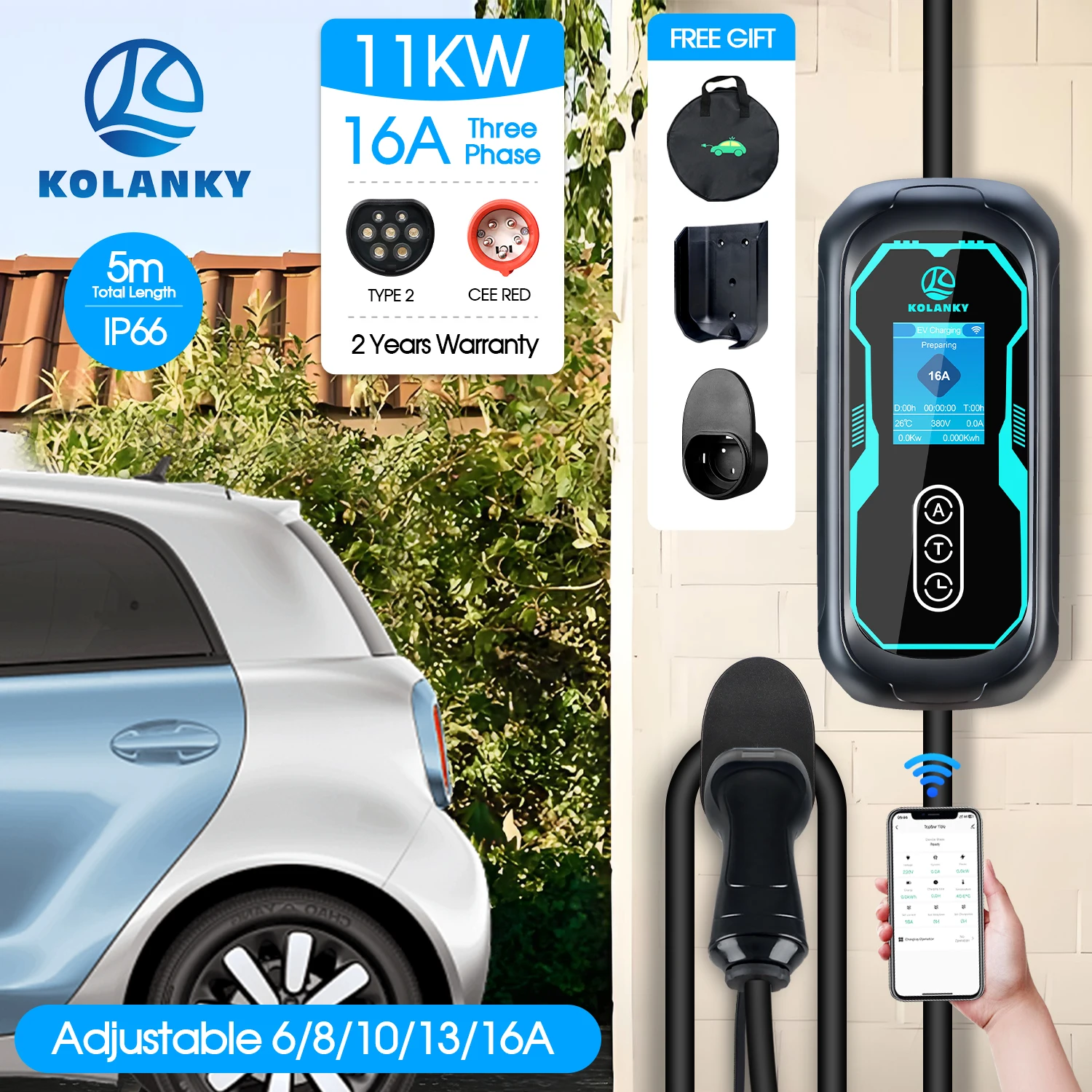 Kolanky Tragbares EV-Ladegerät 16A 11KW Typ 2 APP WLAN Bluetooth-Steuerung Set IEC 62169 Ladezeit PHEV Elektrofahrzeug 5M Gesamtlänge inkl. Stromkabel Gratis Geschenk Wallbox Eisenhalterung oder