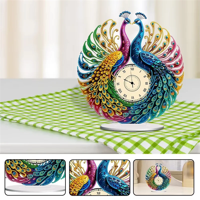 A44Z-Peacockshape Diamond Art Clock Ornaments Kit Battery Operated Diamondpainting Clock Decorative Room Decoration