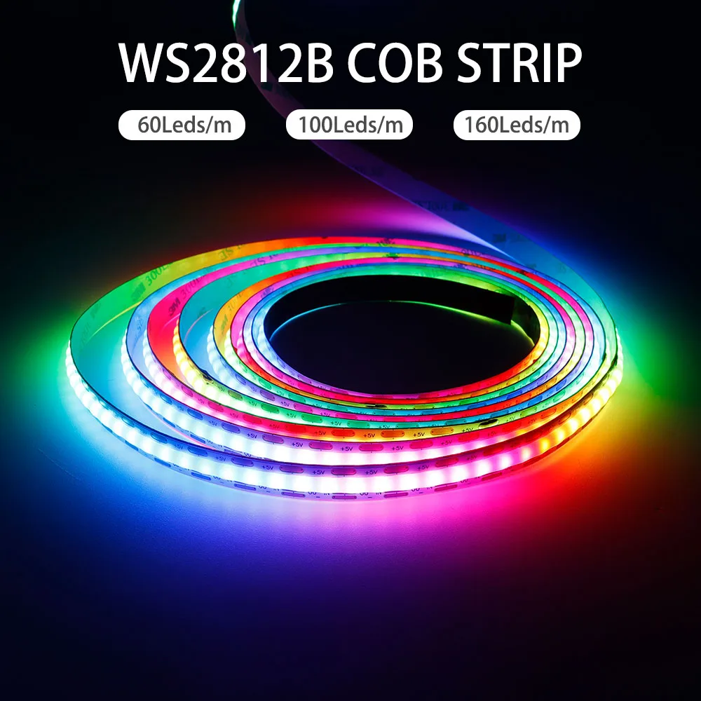 Светодиодная лента WS2812B RGBIC COB, высокая плотность, индивидуально адресуемые светодиоды, 60/100/160 светодиодов/м, интеллектуальная цветовая схема, питание DC5V