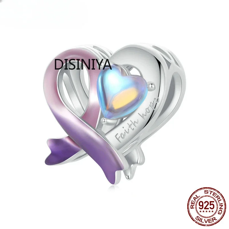 

Disiniya 925 Sterling Silver Faith Heart Beads Purple Ribbon Charms Plated Platinum Fine Jewelry for Women Bracelet DIY