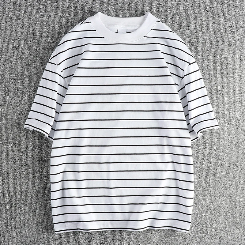 Summer New American Retro Short-sleeved O-neck Stripe T-shirt Men's Fashion Simple 100% Cotton Washed Casual Sport Tops