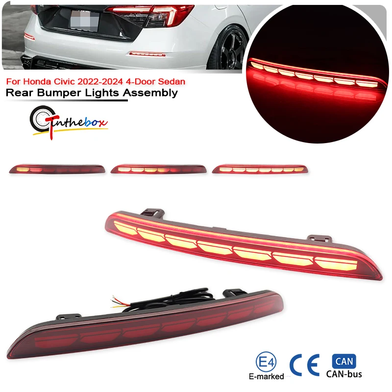 2PCS LED Bumper Reflector Lights Tail Brake Rear Fog Lamps For 2022 -2024 Honda Civic Sedan Dynamic Turn Signal Lamp